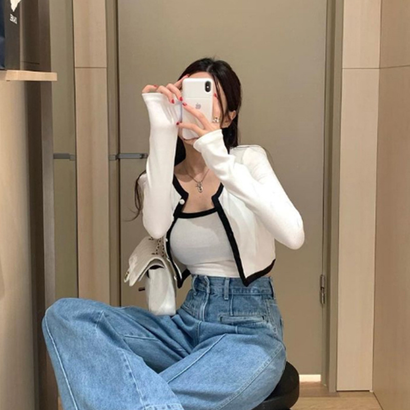 Picture of Korean Spring and Summer New Style Slim and Comfortable Elegant Figure-Showing Sling + Shoulder Pad Long-Sleeved Cardigan Short Two-Piece Set for Women