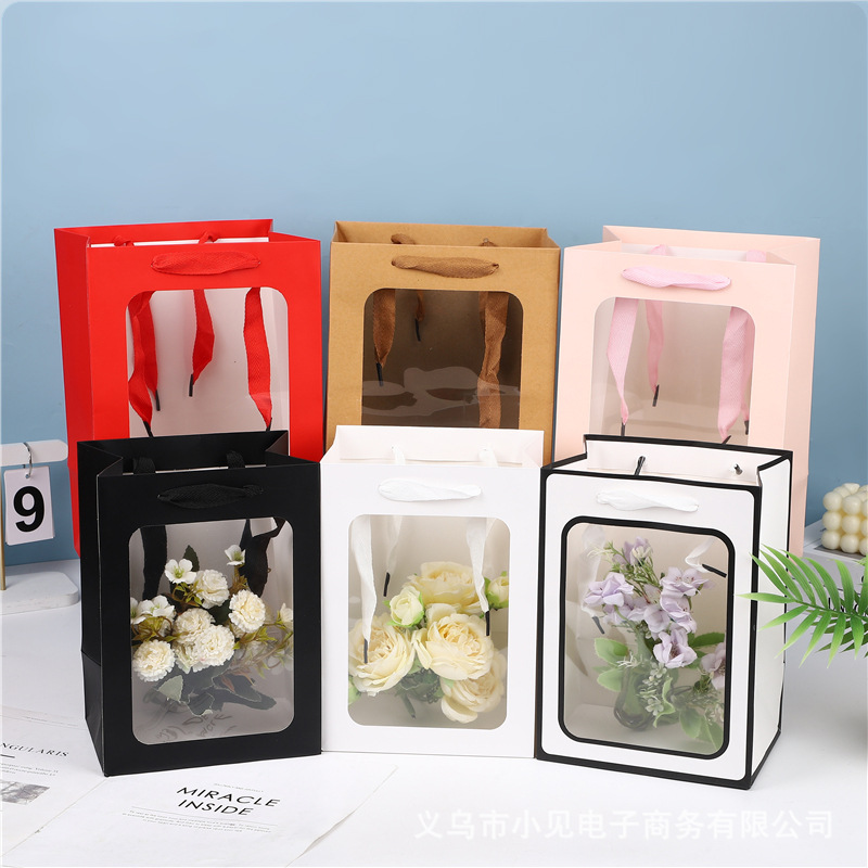 Thickened Kraft Paper Bag, Transparent Tote Bag, Natural Color Cross-Border Gift Bag, Flower Bouquet, Doll Packaging Bag, Gift Bag