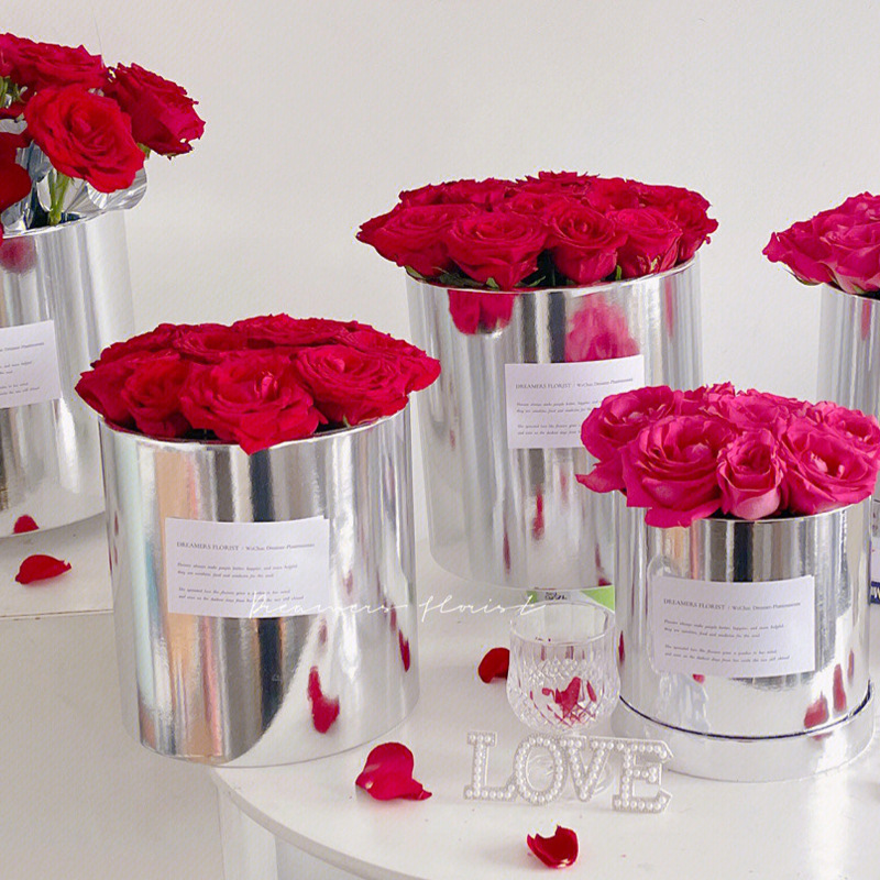 Set of Three Hug Buckets, Silver Flower Bucket, Mirror Cylindrical Floral Gift Box, Bouquet Flower Arrangement Bucket, Large Round Gift Box Wholesale