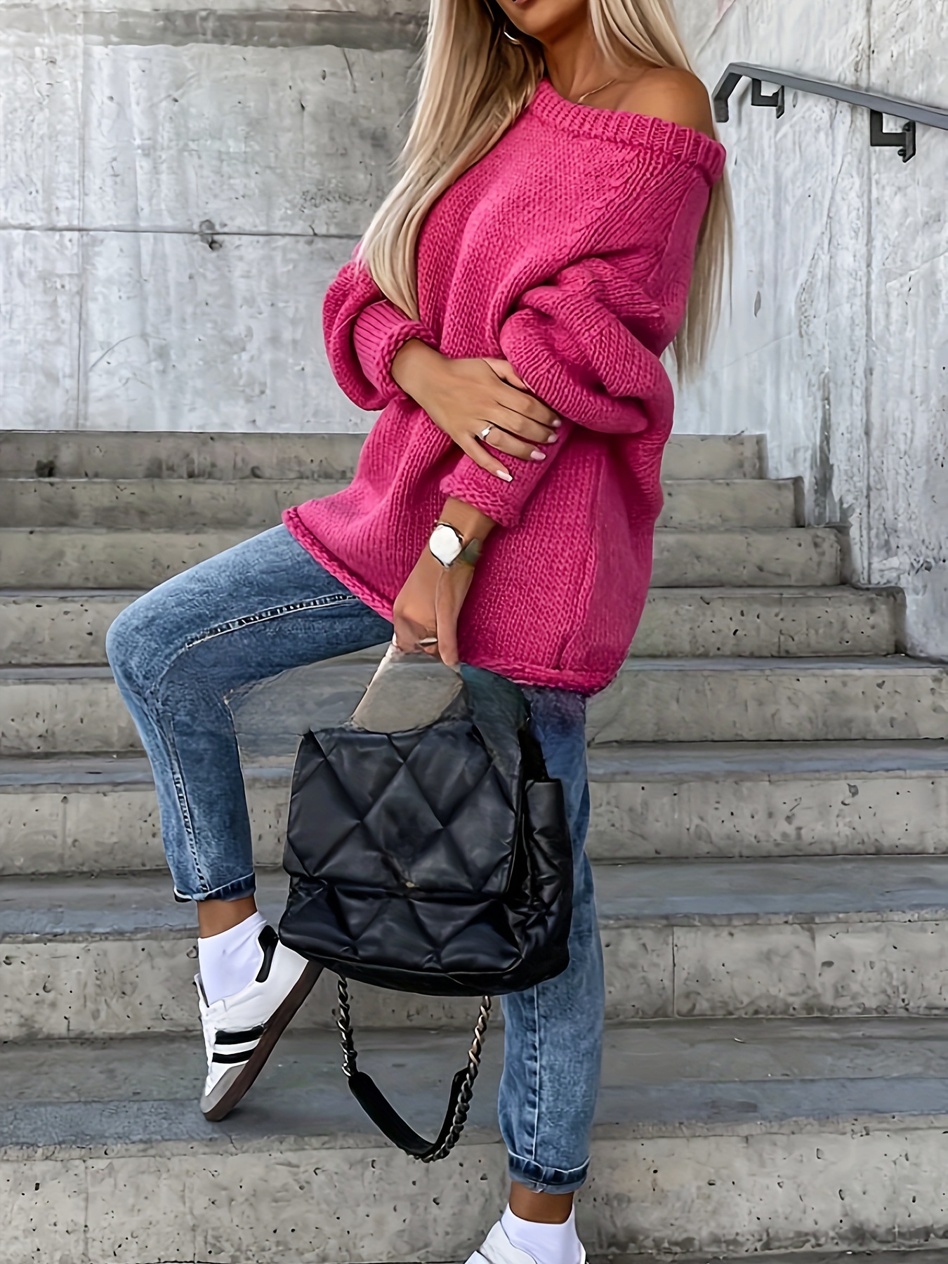 Picture of Europe and the United States cross-border Amazon autumn and winter open shoulder crew neck pullover knitted solid color temperament commuter loose plus size sweater