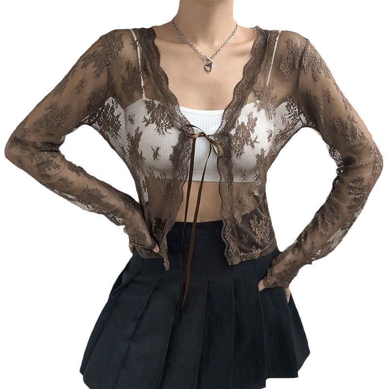 Picture of 2024 Autumn and Winter New Sweet Cool Spice Girl V-neck Lace Shirt American Lace-up Long Sleeve Sunscreen Cardigan See-through Top