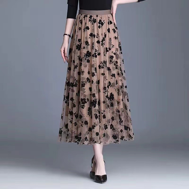 Double-sided Flocking Mesh Skirt Women's Slimming Mid-length New Spring High Waist A- line Skirt Pleated Skirt Large Swing