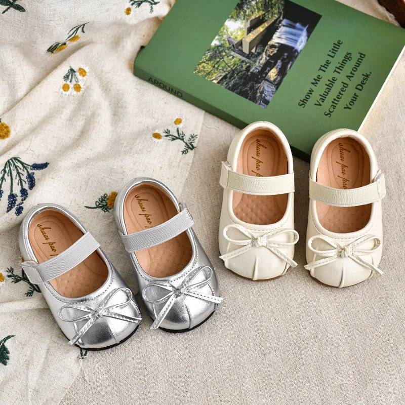 2025 Girls Bow Princess Shoes Silver Baby Girl Shoes Soft Sole Baby Toddler Shoes Children's Leather Shoes Children