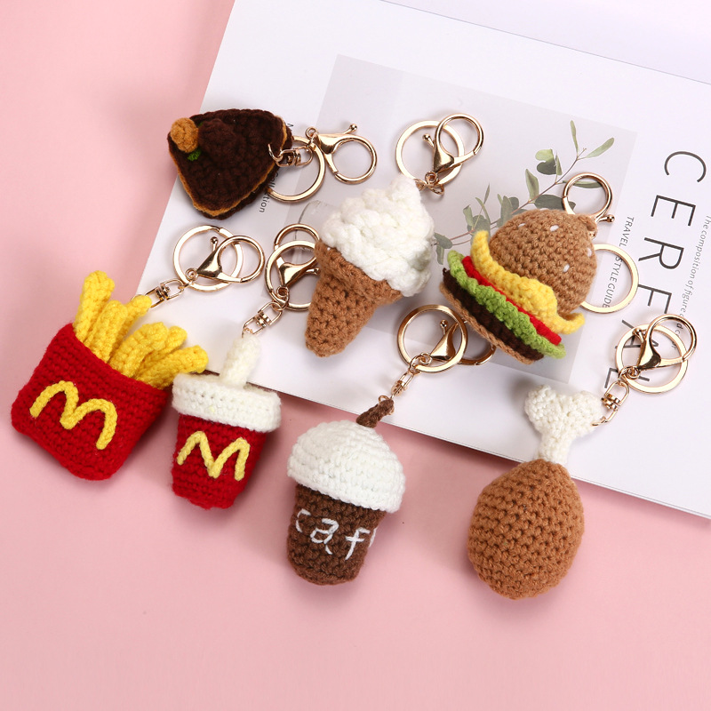 Wool Crocheted French Fries Hamburger Coffee Coke Keychain Pendant Small Gift Gift Bag Hanging Accessories
