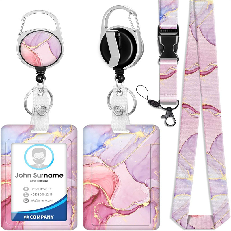 In stock pink marble 360 degree rotating easy pull buckle mountaineering keychain card holder protective case detachable lanyard