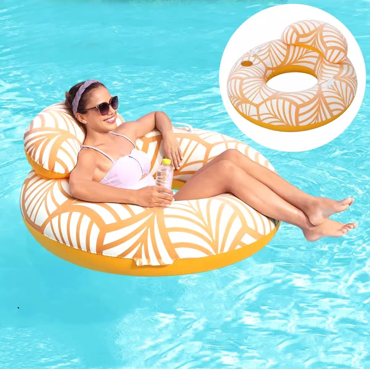 Picture of Water Inflatable Floating Row Floating Bed Queen Adult Pool Leisure Chair Floating Cushion with Backrest and Cup Holder