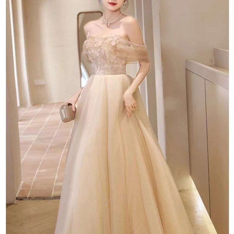 Chest Wrap off-the-shoulder Lifting Shoulder Flower Evening Dress High-end Feeling Host Female Art Test Banquet Short-sleeved Long Dress