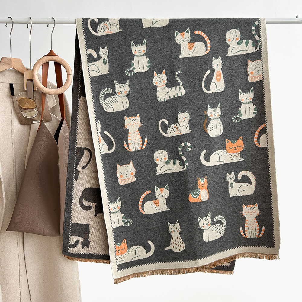 Picture of Cartoon Cute Cat Double-Sided Double-Wearing Imitation Cashmere Women's Winter Thickened Warm Neck Shawl Student Soft