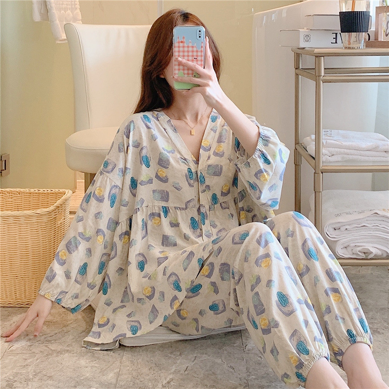 New Style Chanel Style Cardigan Cotton Silk Pajamas Women's Spring and Autumn Thin Home Clothes Japanese Style Girl's Cotton Silk Suit Large Size