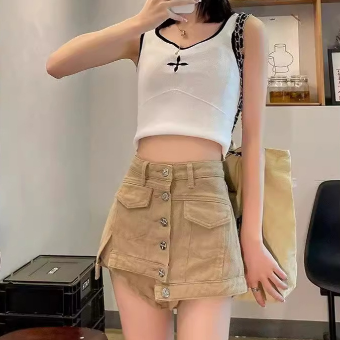 Picture of High waist Denim shorts women's pants skirt Summer 2024 New plus size A- line slimming anti-exposure sheath half-length shorts