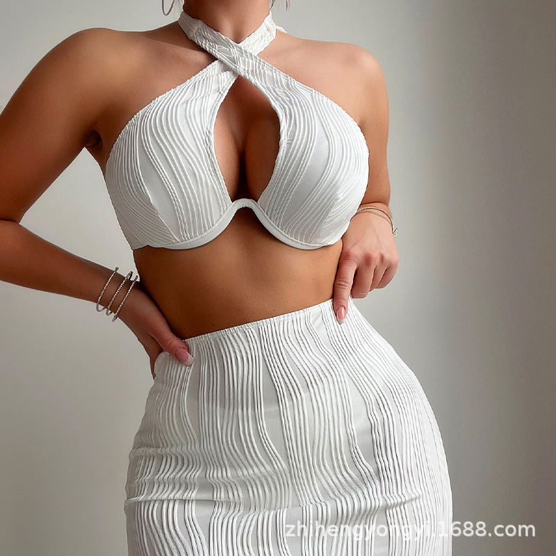 2025 New Amazon Cross-border Split Hip Skirt Bikini Solid Color Steel Trap Sexy Push-up Biniki Swimsuit
