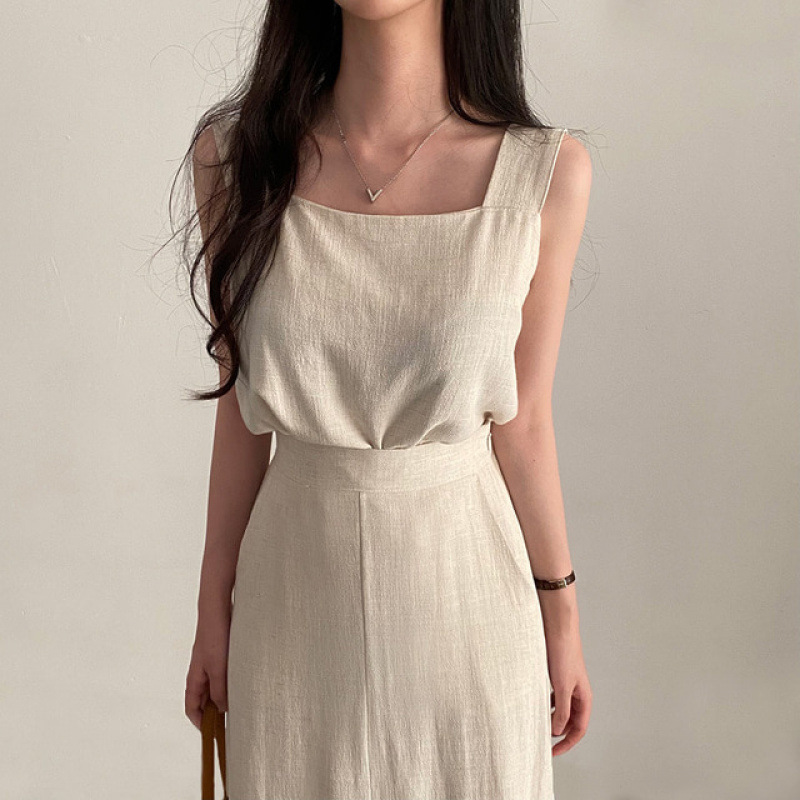 Picture of Korean Chic Summer Simple and Versatile Square Neck Sleeveless Cotton and Linen Vest Vest + High Waist Slit Skirt Suit