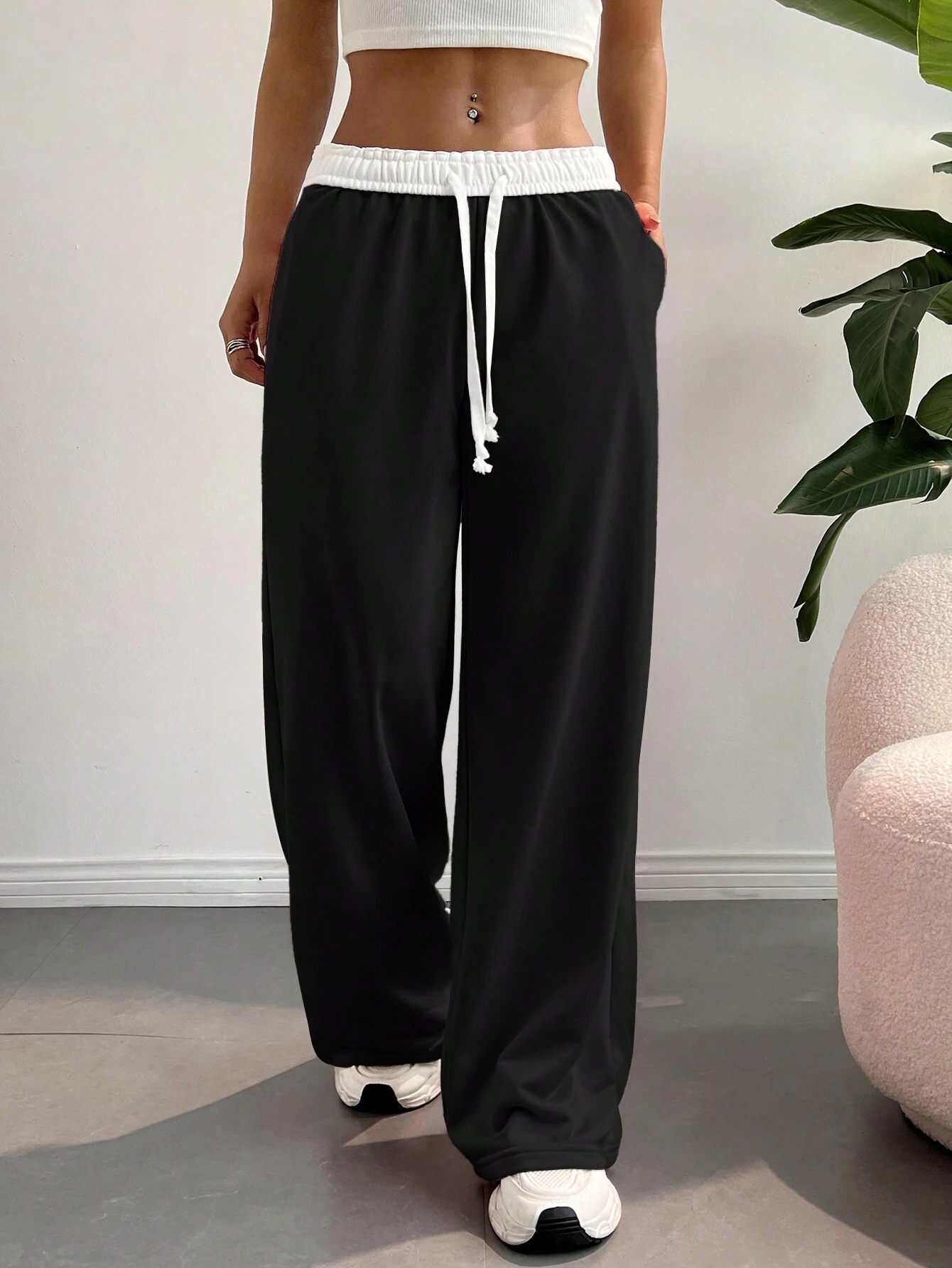 Autumn and winter new contrast color lace-up high waist wide leg long casual pants all-match warm thick pants pocket wide leg pants