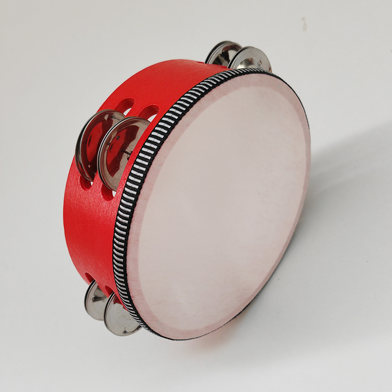 Picture of Wooden Double Row Tambourine Kidsren's Tambourine Percussion Instrument Imitation Goatskin Hand Drum Rattle Orff Musical Instrument Teaching Aids