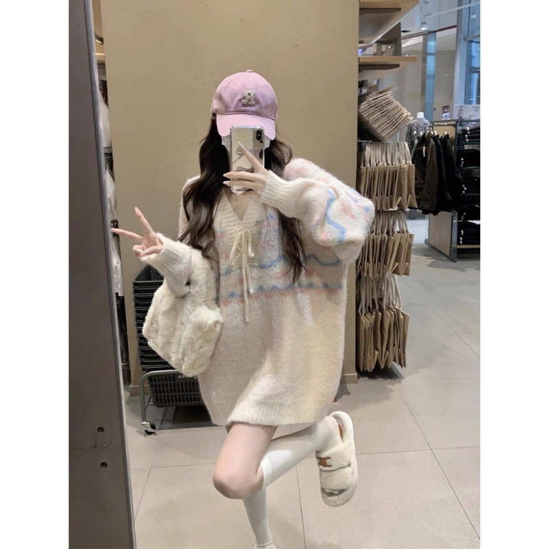 In stock gentle wind soft glutinous sweater V-neck long sleeve pullover loose outer wear top sweater for women autumn and winter