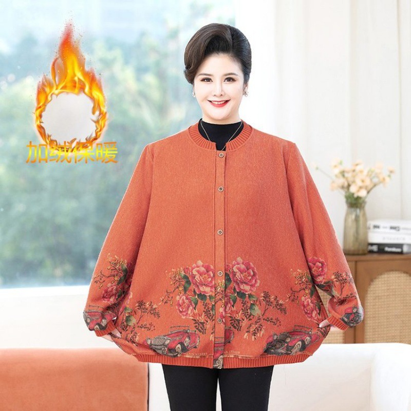 New style fleece-lined coat for moms extra large size warm autumn and winter sweater cardigan for middle-aged and elderly women