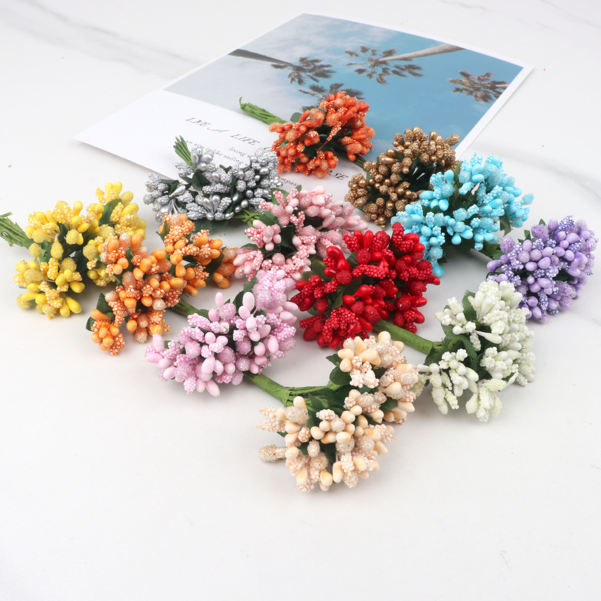 Wedding Candy Box Bead Flower Accessories with Leaf Glass Bead Flower Core Handmade DIY Material Garland Small Berries 144 Flowers/Pack