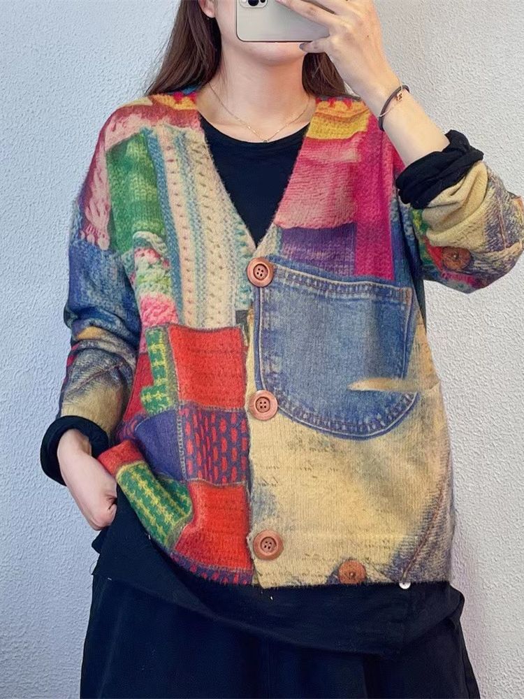 Mink Velvet Knitted Sweater for Women 2024 New High-End Fashion Printed and Dyed Cardigan V Neck Loose Outer Top for Women Autumn