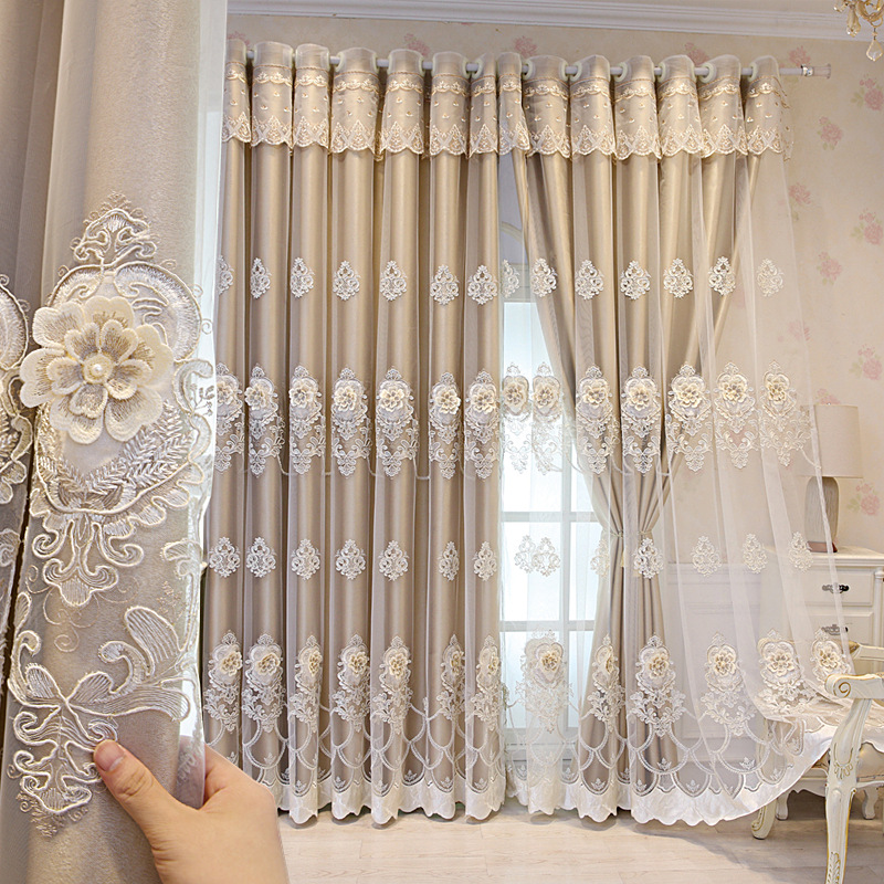Simple European-style Double-layer Thickened Shade Cloth Yarn Integrated Finished Living Room Bedroom Luxury Atmospheric Embroidered Curtain
