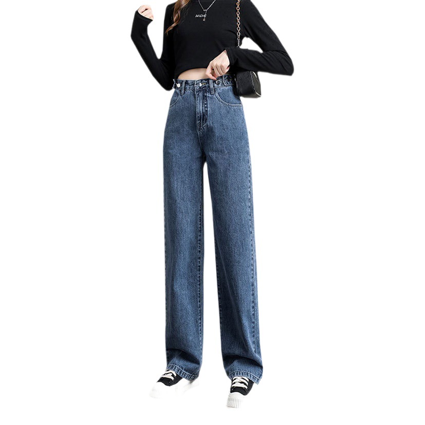 Women's wide-leg jeans with multi-buckle design new adjustable high waist all-match loose niche straight mop long pants