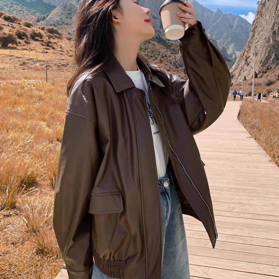 Picture of Brown Imitation Leather Jacket Women's Hong Kong-style 2024 New Autumn High-grade Loose American Vintage Motorcycle Jacket Top