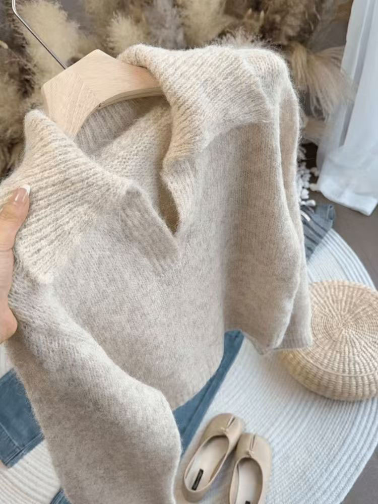 Lazy Style Lapel Casual Design Niche Slim Sweater Autumn and Winter New Korean High-end Soft Waxy Sweater