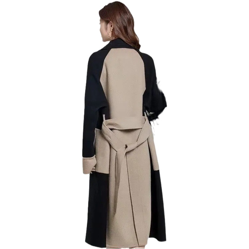 Woolen coat women's long 2023 Winter new double-sided velvet wool color matching temperament Hepburn style slimming coat
