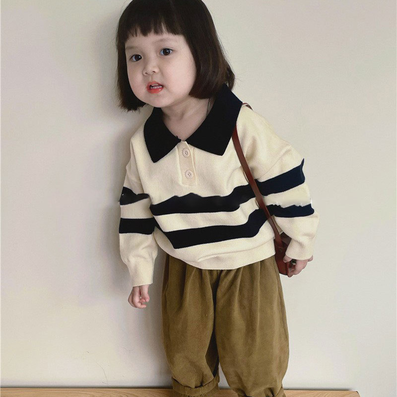 Picture of Spring and Autumn Children's Korean-style All-match Sweater Boys' and Girls' Baby Design Sense Casual Niche Striped Lapel Sweater Trendy