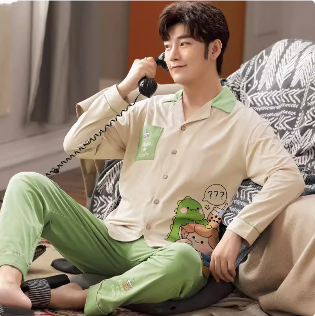 High-end pajamas men's spring and autumn cotton long sleeve youth lapel autumn and winter plus size boys home clothes a suit