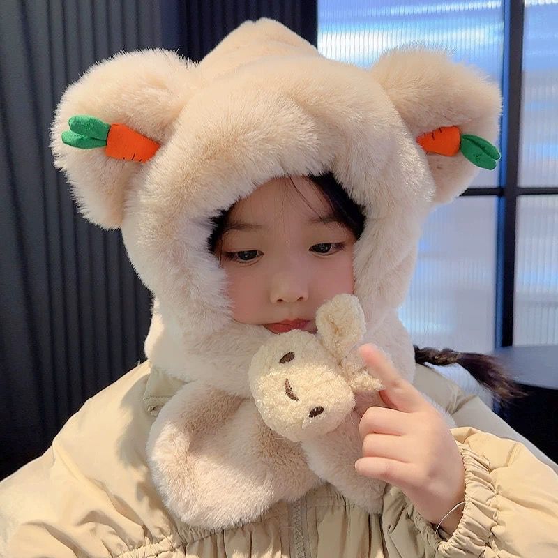 Children's radish rabbit cap winter scarf all-in-one cap boys warm plush cap girls baby windproof ear protection cap