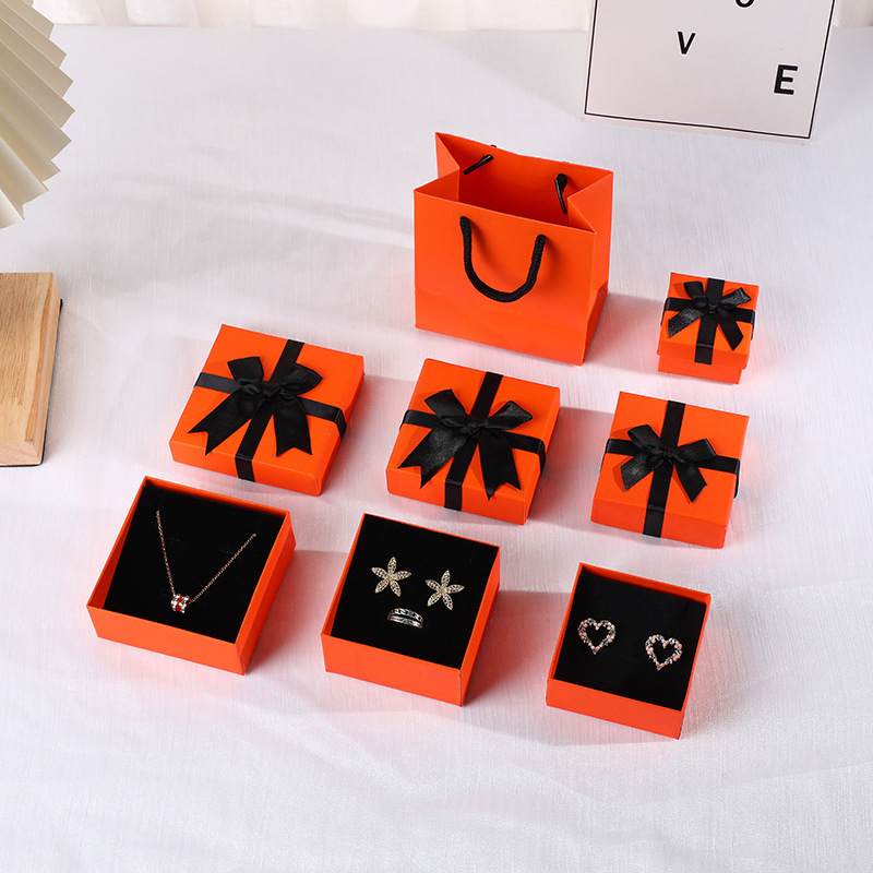 Orange Bow Jewelry Packaging Box Bracelet Ring Earring Box Black Ribbon Simple Jewelry Box Gift Box