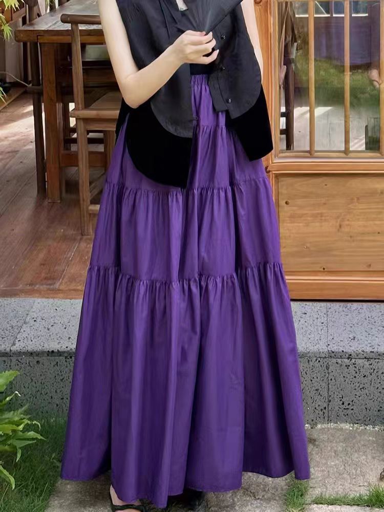 25 spring and summer new cotton double purple temperament elastic waist skirt long skirt rain fog wisteria stitching temperament long