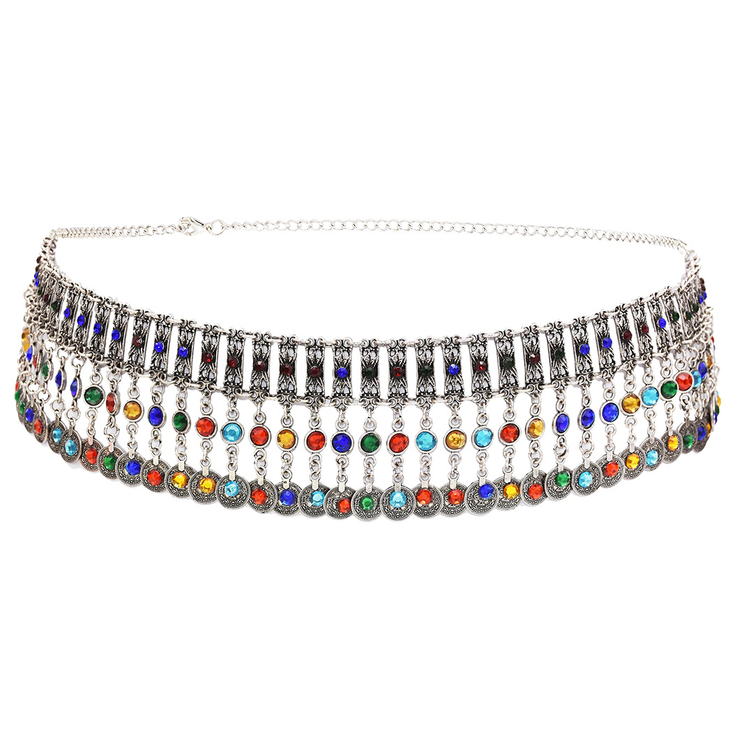 Bohemian retro ethnic style waist chain metal inlaid color rhinestone body chain belly dance popular jewelry