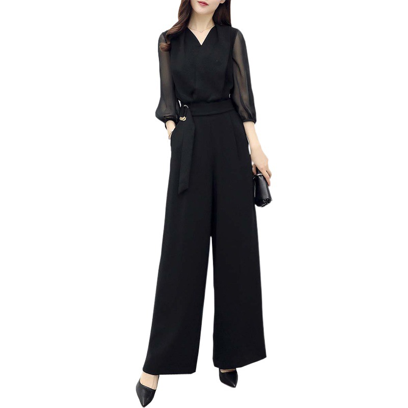 Spring and Summer New High Waist Chiffon Jumpsuit Black Cropped Sleeve Slim-fit Slimming Elegant Wide Leg Jumpsuit for Women
