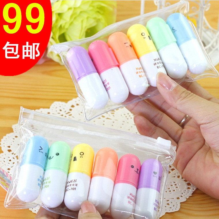 Picture of Highlighter Mini Pill Highlighter Color Painting Key Pen Marking Pen Doodle Pen Color Pen 6 Color Set