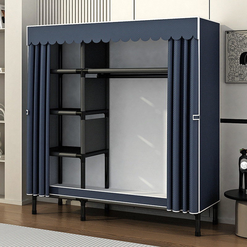 Simple wardrobe home bedroom assembly full steel frame thickened fabric wardrobe strong and durable rental room storage cabinet