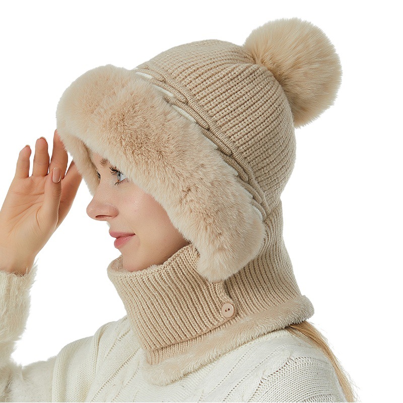 Europe and the United States cross-border new hat scarf one-piece kit color matching hemp pattern knitted hat fleece-lined warm neck hat