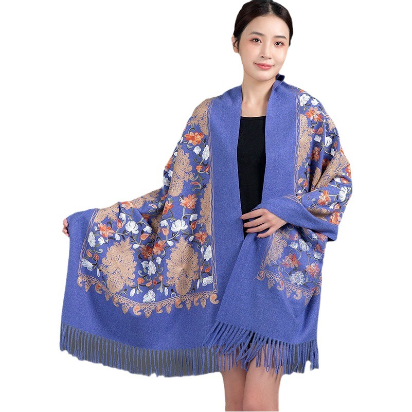 Autumn and Winter Nepal Cashmere Embroidered Scarf Ethnic Style Large Shawl Peony Flower Embroidered Cashmere Shawl Women Wholesale