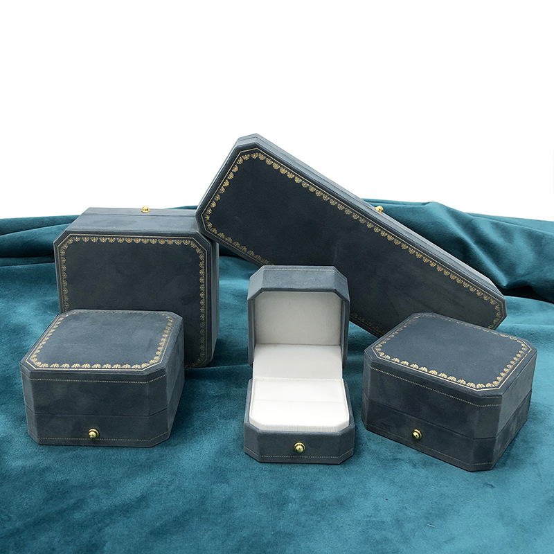 Lake Blue Octagonal Velvet Printed Jewelry Box Japanese Lace Jewelry Box Fashion Ring Box Necklace Box in Stock