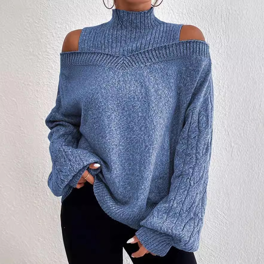 Foreign Trade 2023 Autumn and Winter New Off-Shoulder Half Turtleneck European and American Knitwear for Women Loose Large Version Cross-Border Knitwear for Women