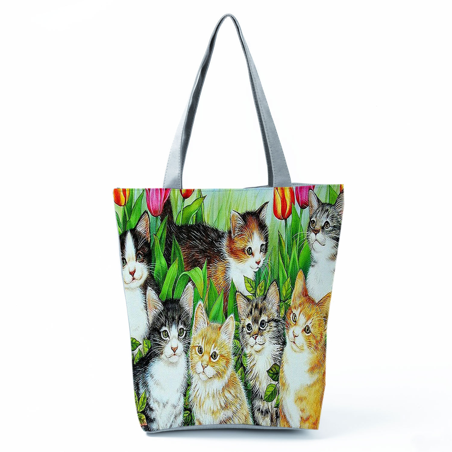 Picture of New cute flower cat printed shoulder bag portable travel storage bag large capacity outdoor tote bag