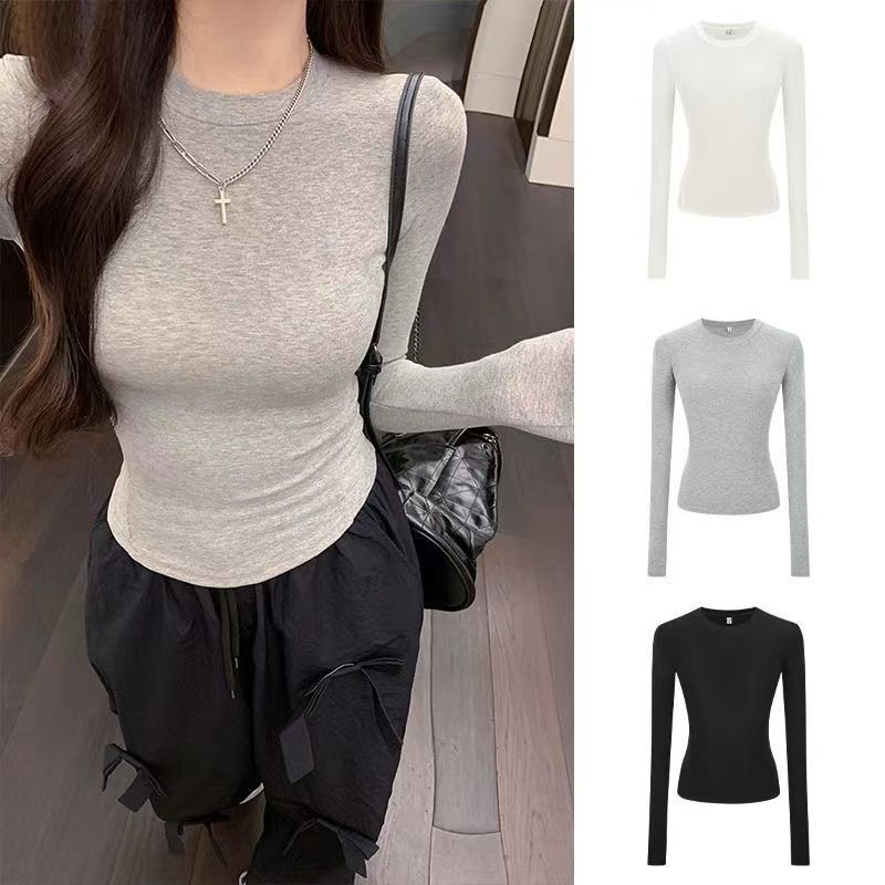 Round neck shoulder slim base shirt women's 2025 autumn and winter new pinching waist slimming foreign trade women's top long-sleeved T-shirt