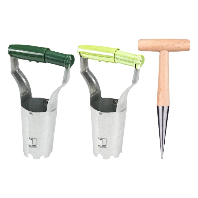 Cross-border stainless steel seeder soil digging machine gardening wooden handle hole seedling planting cutting tool seedling Seeder