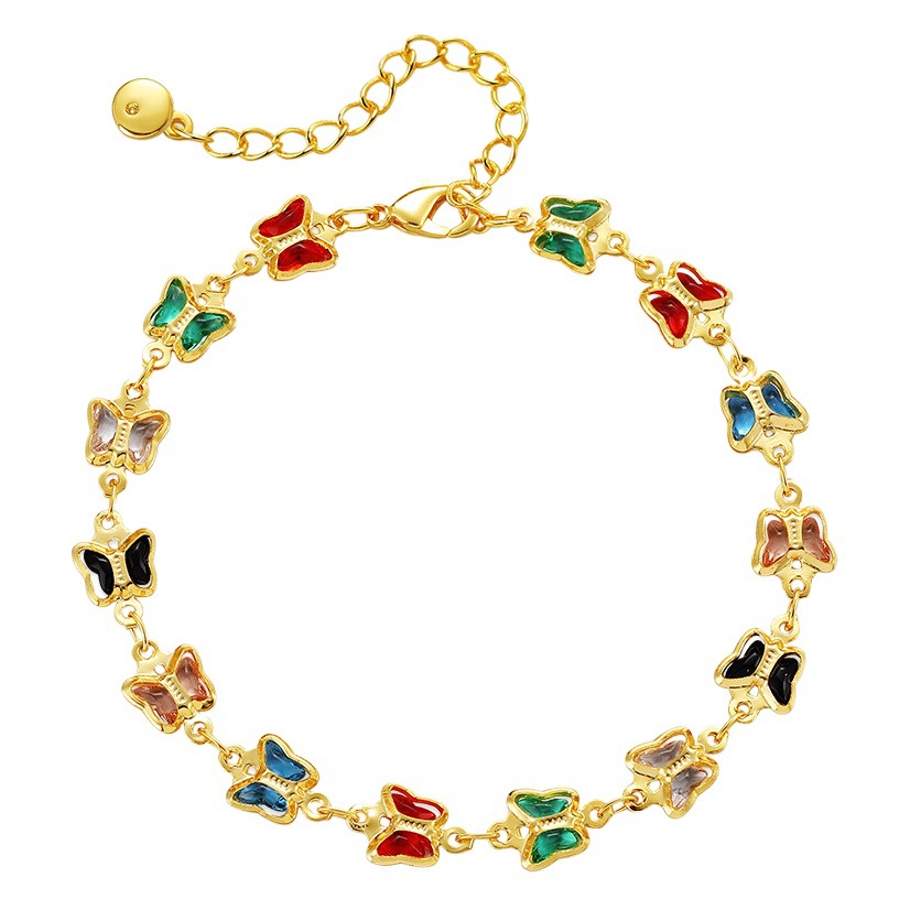 AliExpress Summer New Copper Plated 18K True Gold Stained Glass Diamond Butterfly Design Bracelet Single Layer Sweet Bracelet