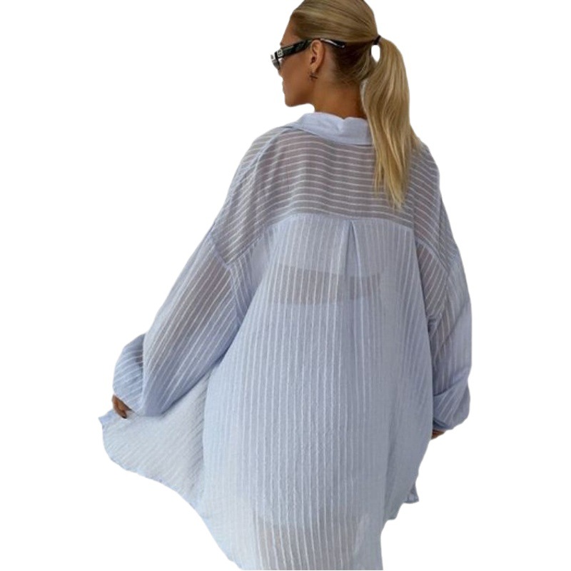 European and American 2025 New Summer Temperament 100 Cotton Jacquard Striped Lapel Ultra-thin Transparent Shirt + Shorts suit