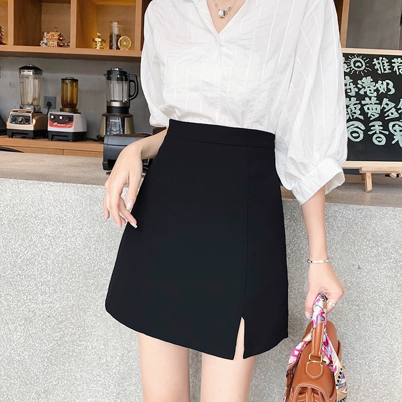 Short Skirt Women's Skirt High Waist A- Line 2023 Autumn and Winter New Style Small Black Professional Split Hip One-Step Skirt
