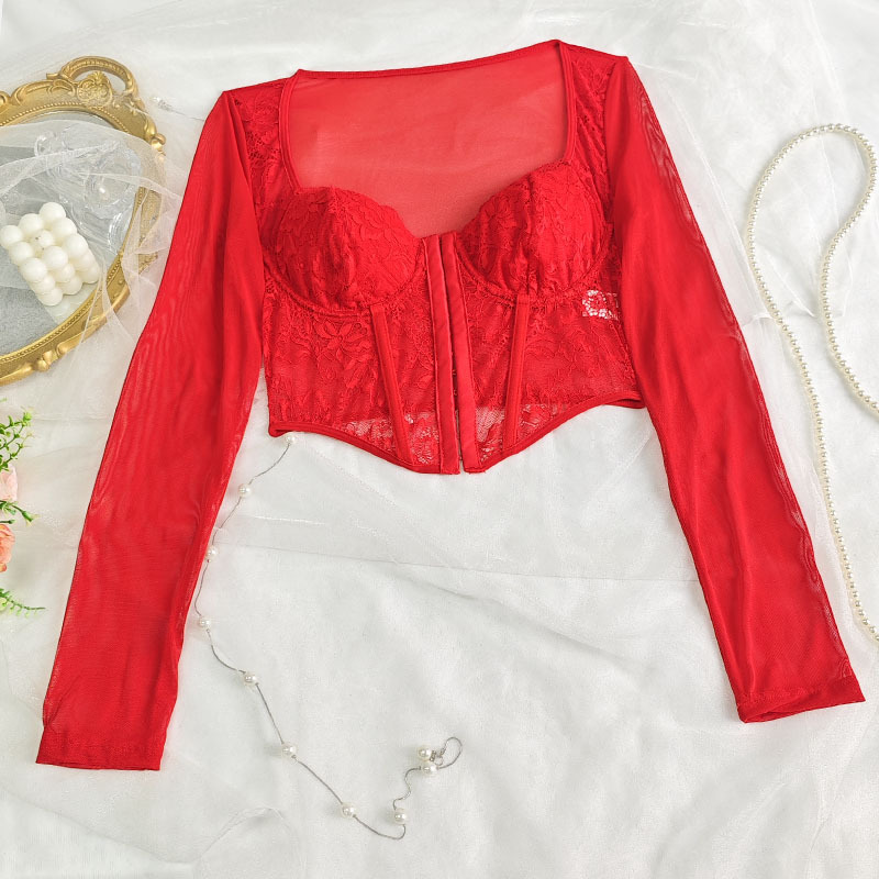 European and American Style Sexy Lace Mesh Square Collar Long-Sleeved T-Shirt Women's Hot Girl Stretch Slim-Fit Slimming Short Top