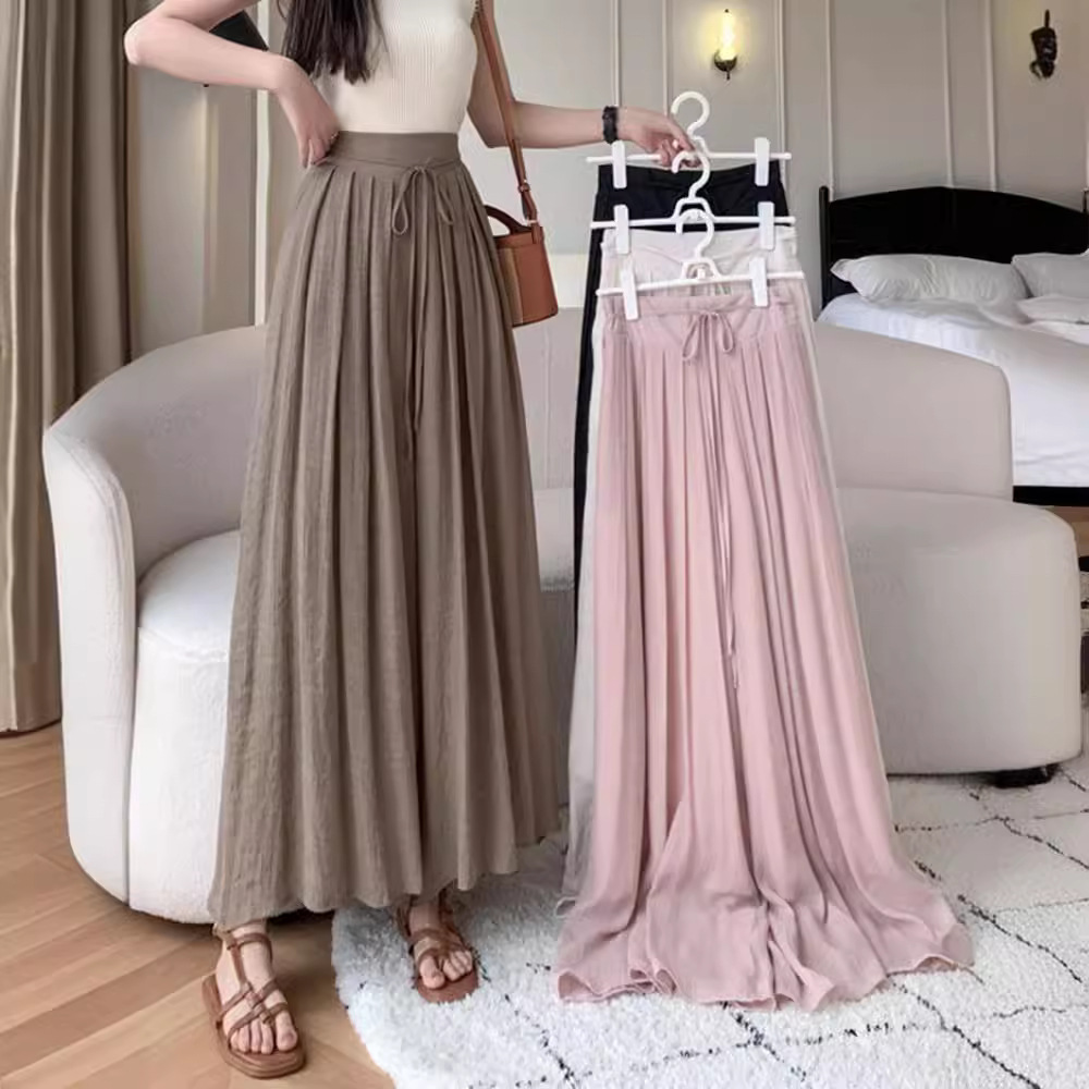 Women's Summer Thin 2024 High Waist Dummy Strap Ice Silk Cotton Linen Wide Leg Pants