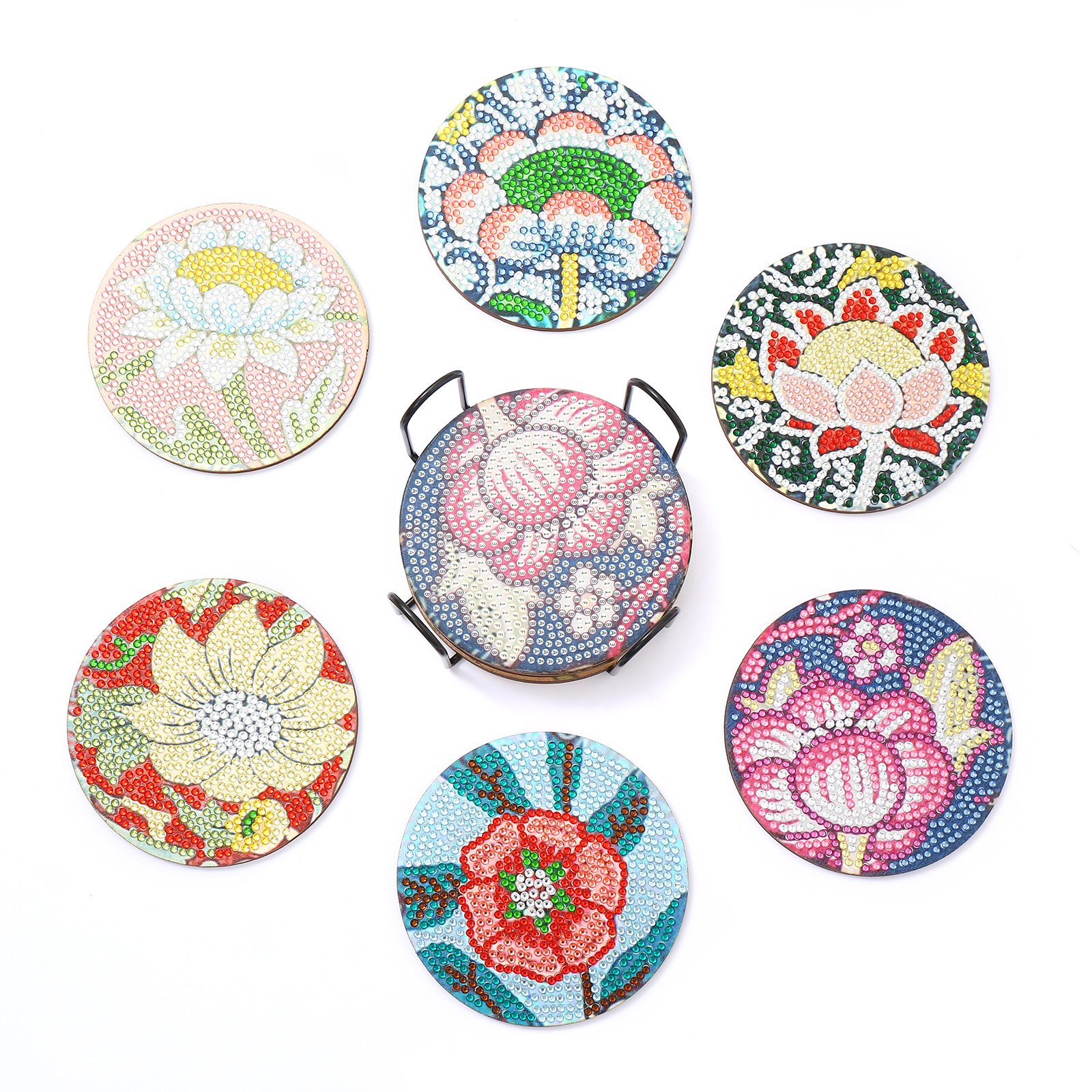 Picture of Hot Selling on Independent Station 5D Handmade DIY Wooden Dot Drill Heat-Insulating Anti-Slip Diamond Painting Variety Lotus Coaster with Stand