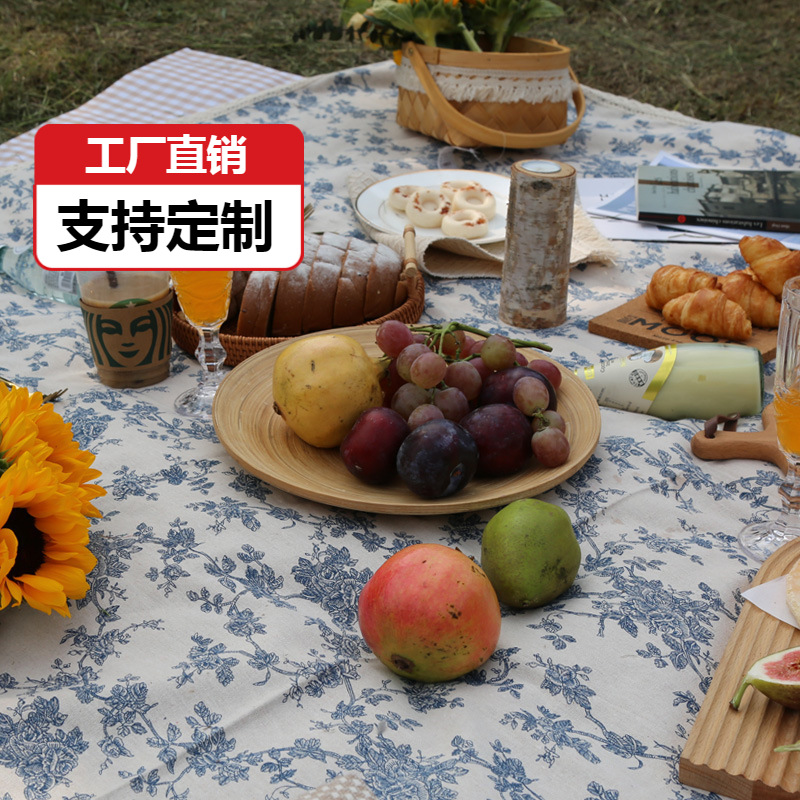 Picture of Vintage Korean ins Style Blue Floral Picnic Cloth Background Cloth Spring Camping Outdoor Outing Moisture-Proof Picnic Mat